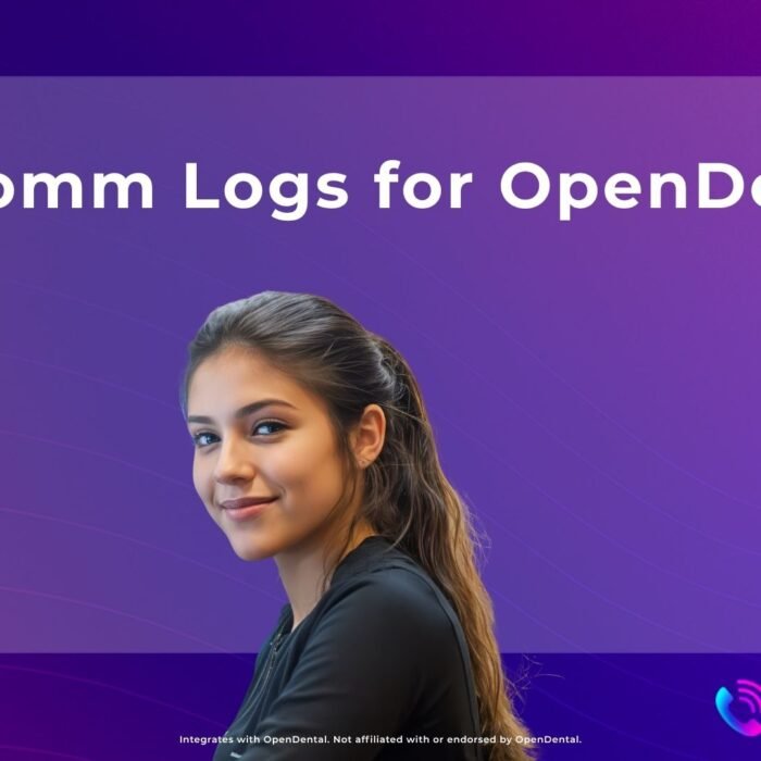 Dental receptionist smiling at desk while OpenDental AI Comm Logs automatically writes patient call notes in real-time